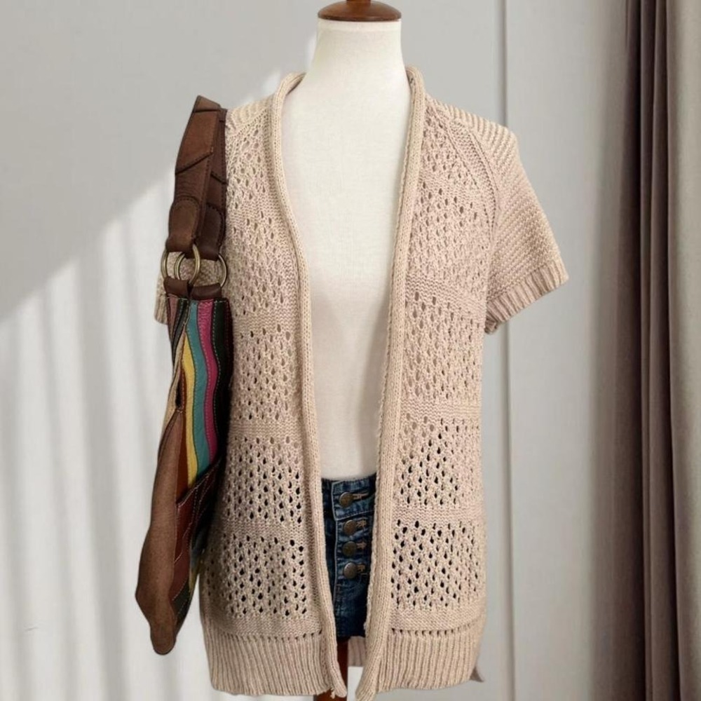 Guinevere Anthropologie Beige Pointelle Knit Short Sleeve Open Cardigan XS